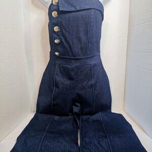 LILLY'S KLOSET KNIT DENIM STRAPLESS JUMPSUIT SZ S FLARE LEG ZIP BACK NO CARE TAG
